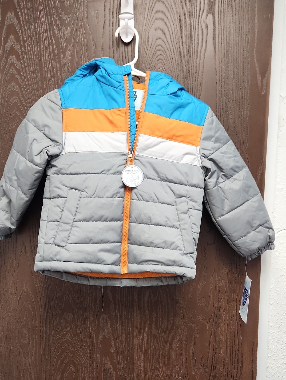 Kids Colorblock Puffer Jacket in Gray, Blue & Orange